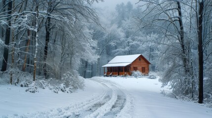 A snowy path leading to a rustic wooden cabin surrounded by a tranquil forest blanketed in snow.