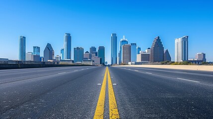 A wide, empty highway leads directly to a vibrant city skyline under a clear blue sky The image captures modern skyscrapers and diverse architecture with the road stretching out symmetrically