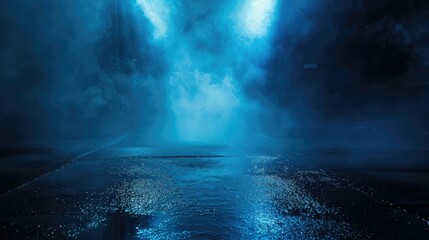 Obraz premium Dark street, wet asphalt, reflections of rays in the water. Abstract dark blue background, smoke, smog. Empty dark scene, neon light, spotlights