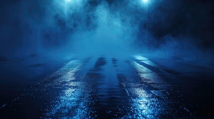 Dark street, wet asphalt, reflections of rays in the water. Abstract dark blue background, smoke, smog. Empty dark scene, neon light, spotlights