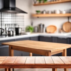 Empty wooden table and blurred kitchen background. Ready for product display montage