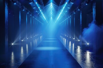 A dimly lit runway with blue lights and smoke creating a dramatic atmosphere