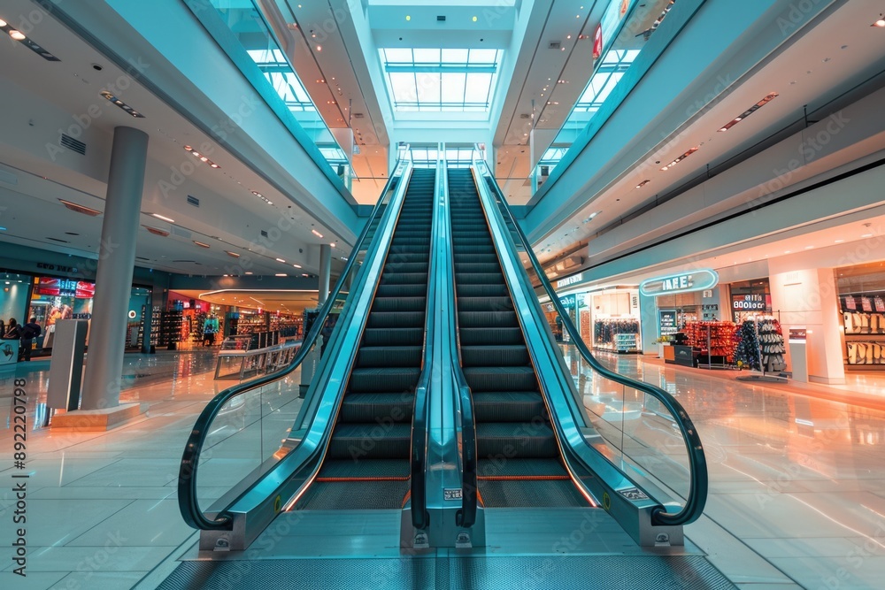Poster a modern escalator in a well-lit building skylight area, great for architecture and interior design 