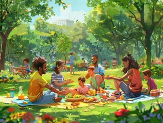 Picnic in the Park Show a joyful picnic scene with families and friends sitting on colorful blankets