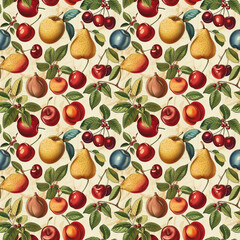 Obraz premium Vintage illustration of cherries, pears, apples, and plums on a cream background