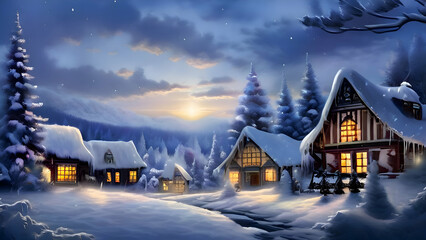 Fototapeta premium a-cozy-village-scene-with-snowflakes