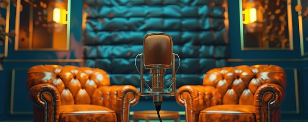 A minimalist podcast studio background with two leather chairs and an old microphone