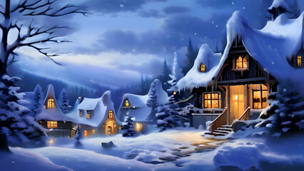 Fototapeta premium a-cozy-village-scene-with-snowflakes