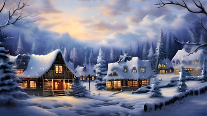 Fototapeta premium a-cozy-village-scene-with-snowflakes