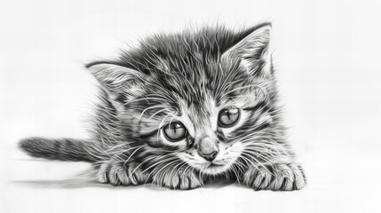 Kitten, pencil drawing on white background