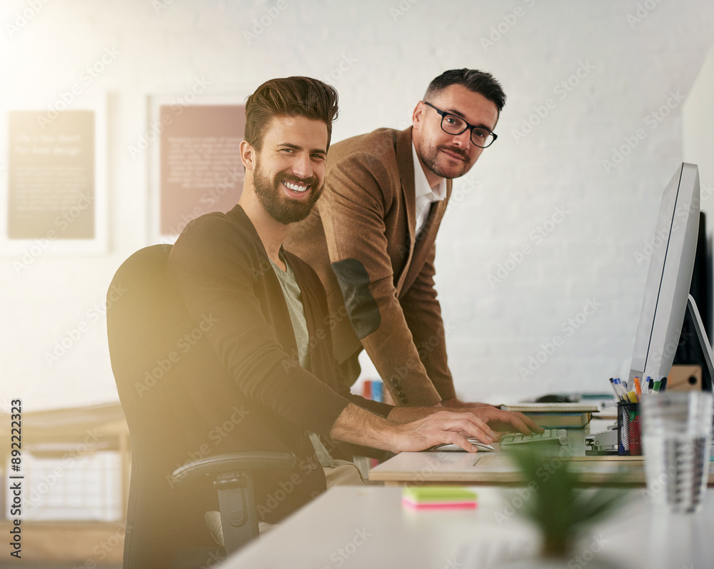 Poster small business, happy web designers and portrait in office for design, creativity and working at com