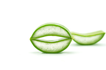 green aloe vera Arranged in the shape of lips on a white background