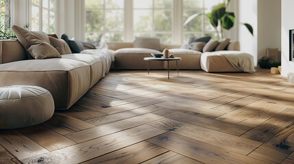 Elegant pearl oak wooden floor with herringbone pattern, refined parquet backdrop, timeless and chic.