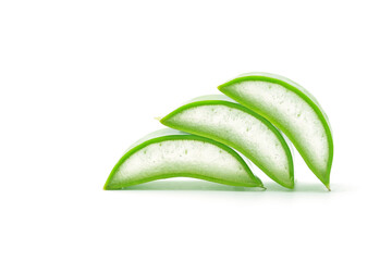 3 pieces of green aloe vera, placed upside down on a white background