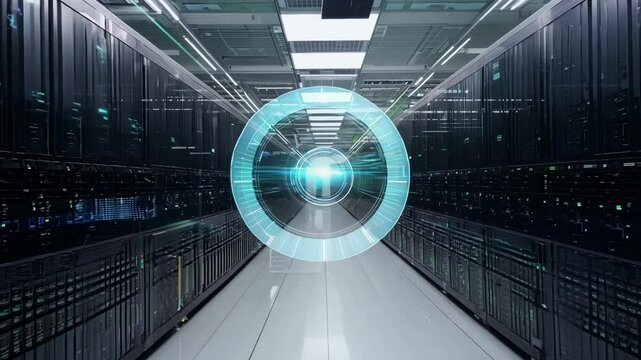 Flythrough shots of a massive data center with rows upon rows of servers quietly powering the tech giants operations.