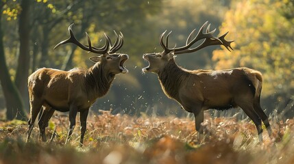Obraz premium Stags of red deer fighting and howling in the daylight across the woods