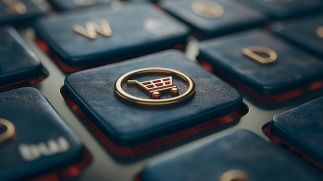 Shopping cart icon  on blue laptop keyboard, representing e-commerce and consumer online buying concept.