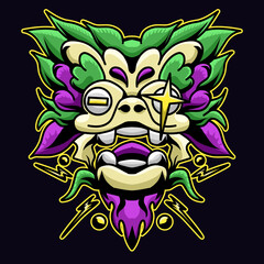 Vector Ornamen Mask of Lion Dance with green and purple color 