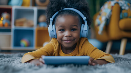 Joyful African American boy with headphones, lying on the floor and enjoying a tablet, immersed in content.