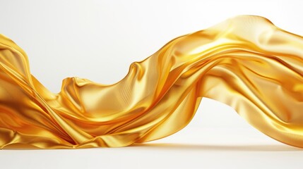 A piece of gold fabric flows freely in the wind on a white background