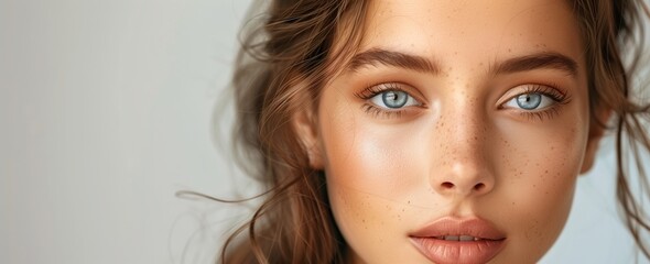 close up portrait of beautiful woman with clean fresh skin on gray background, banner for beauty