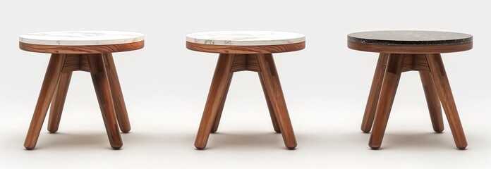 Set of side tables with marble tops and wooden legs, decorated in the style of Scandinavian style