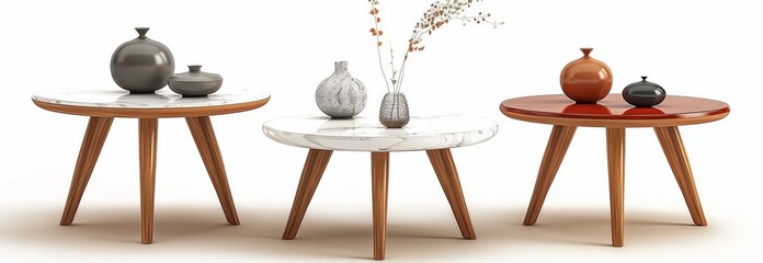 Set of side tables with marble tops and wooden legs, decorated in the style of Scandinavian style