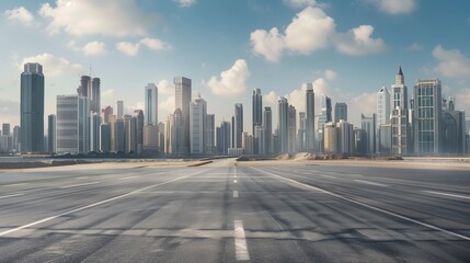 A wide, expansive highway stretches towards a modern urban skyline under a partly cloudy sky The image captures diverse skyscrapers and contemporary architecture with an empty road in the foreground