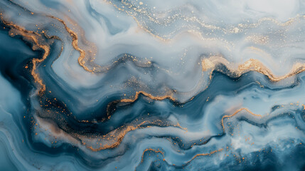 Fototapeta premium Marble motif background with swirling shades of blue, white, and gold, elegant and luxurious design.
