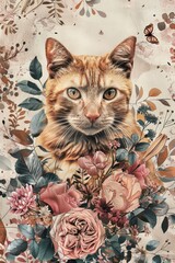 A feline friend surrounded by vibrant flowers, perfect for pet or nature-themed designs