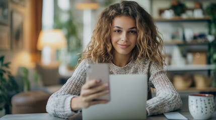 Fototapeta premium Successful online payment notification on phone held by businesswoman, at desk with laptop, highlighting internet shopping.