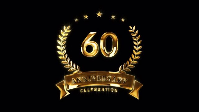 60th Anniversary Celebration. Golden 60 Years Anniversary Animation in Gold Color on the Transparent Background, Alpha Channel. Great for greetings, celebrations, events, and gifts.