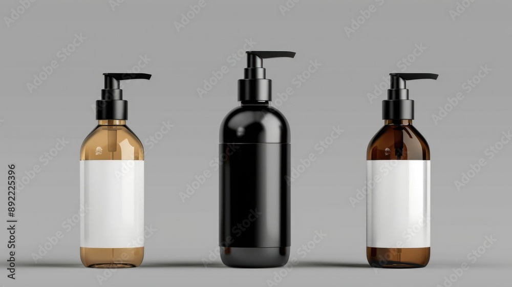 Poster Three transparent bottles with white labels and unknown contents