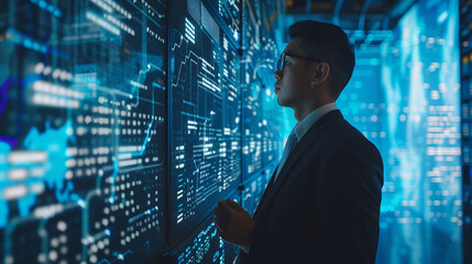 Fototapeta premium Businessman using AI technology for cybersecurity enhances threat detection and response capabilities