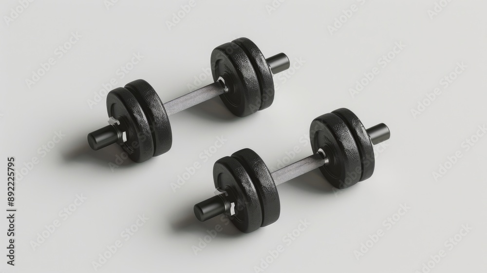 Poster a pair of dumbbells sit on a clean and minimalist white surface, ready for use