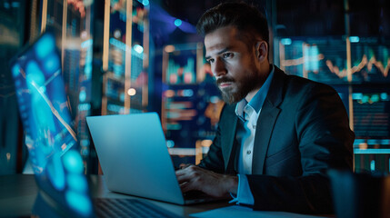 Fototapeta premium Businessman using AI technology for cybersecurity enhances threat detection and response capabilities