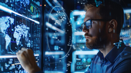 Businessman using AI technology for cybersecurity enhances threat detection and response capabilities