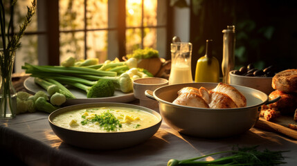 Leek Fondue, Chicken Fillets, and Semolina at Golden Hour
