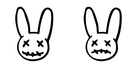 Logo con grupo de emoticonos de conejo zombi para invitaciones y tarjetas de Halloween. Cara de conejo muerto con expresión triste y alegre como personaje emoji