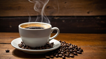 Fototapeta premium Steaming hot coffee in white cup with scattered coffee beans on wooden background, steam rising up.