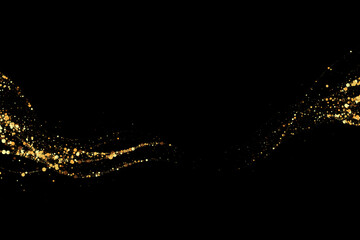Gold glitter texture on a black background. Wave-like streams of golden colored particles. Festive background.