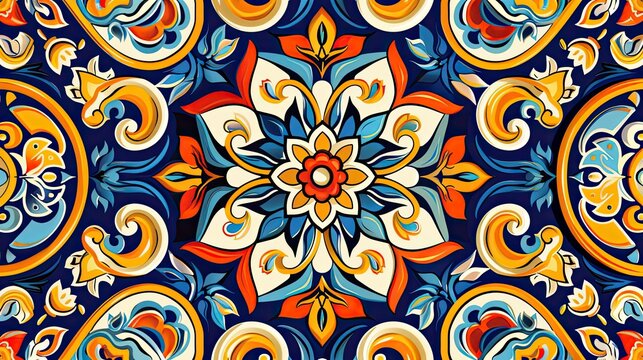Italian ceramic tile pattern. Mediterranean porcelain pottery. Ethnic folk ornament. Mexican talavera  portuguese azulejo  spanish majolica  arabesque motif. Vector illustration