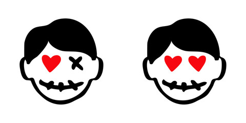 Logo con grupo de emoticonos de zombi con corazones en lugar de ojos para invitaciones y tarjetas de Halloween. Cabeza de zombi como personaje emoji