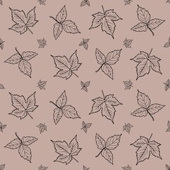 Seamless contour pattern line drawing of a bunch of maple leaves. Hand drawn repeating paint. Beige brown background