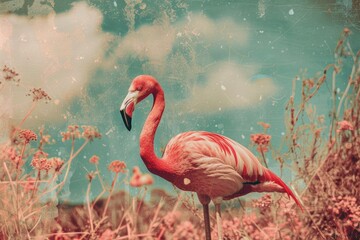 A single flamingo stands in a lush, green field of tall grass, with its distinctive feathers and posture