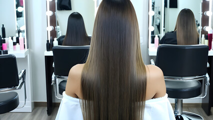 woman in hair salon, Silk hair concept, ai generated