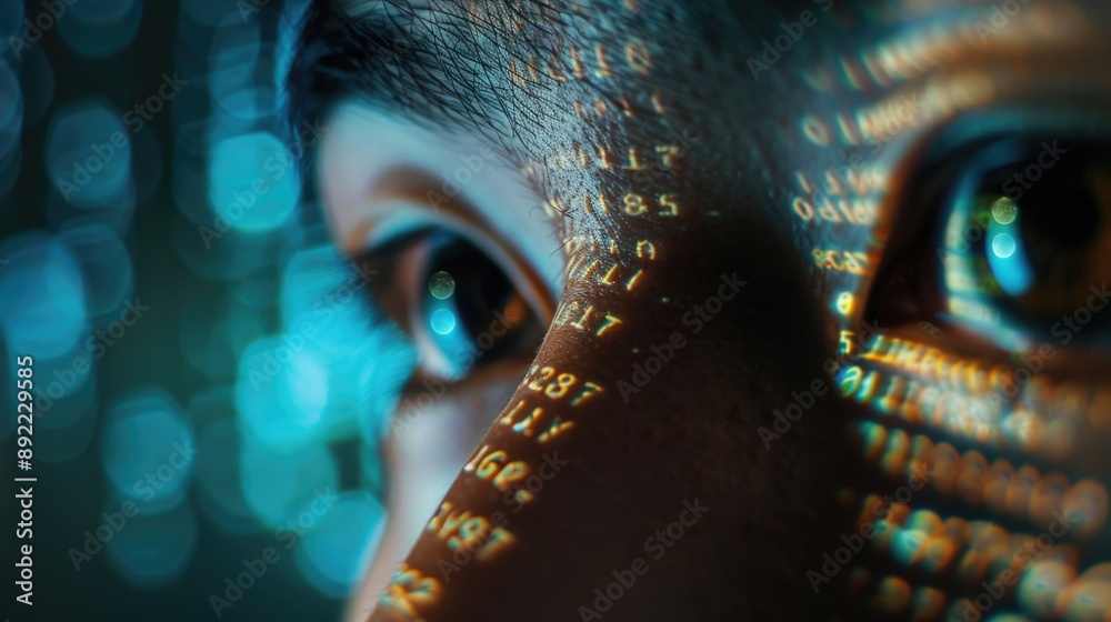Aufkleber Close-up shot of a person's face with numerical values displayed