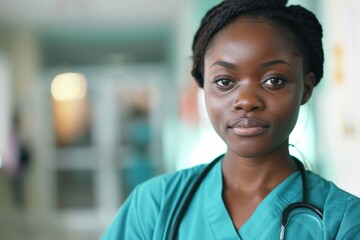 Fototapeta premium A doctor stands in a hospital hallway, wearing a stethoscope