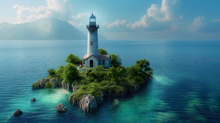 Lighthouse on the island. Illustration on the theme of travel, landscapes, tourism and navigation.   Generative AI	
