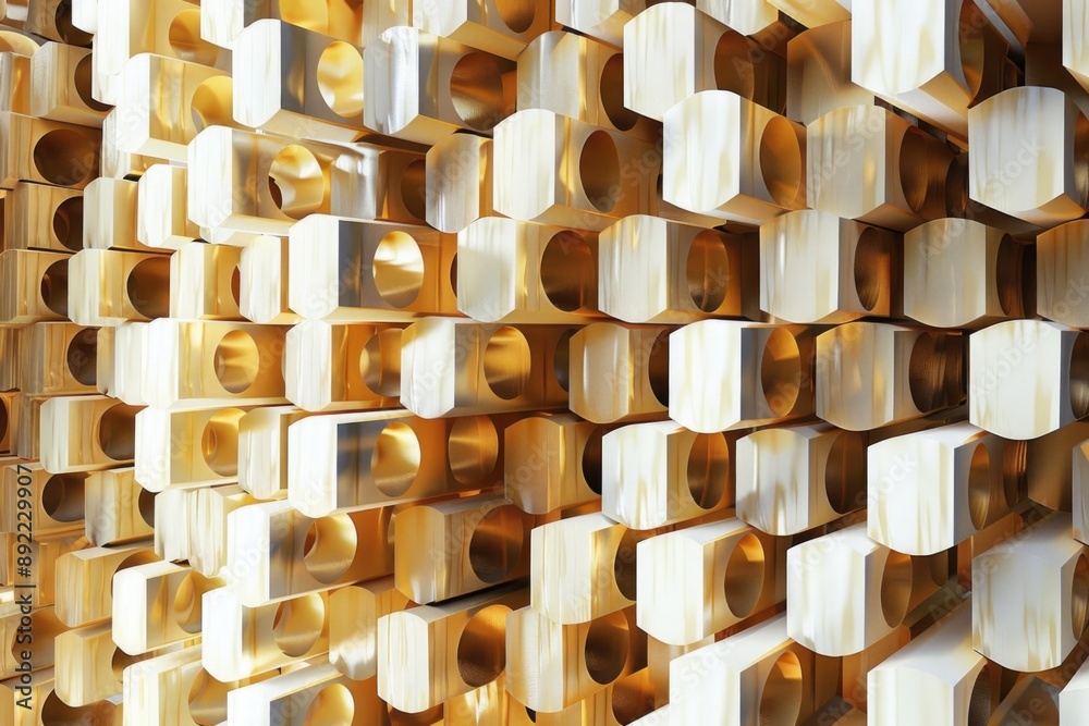 Poster A wall constructed from wooden blocks featuring numerous holes, ideal for use in scenes requiring a unique architectural element or as a prop for creative storytelling